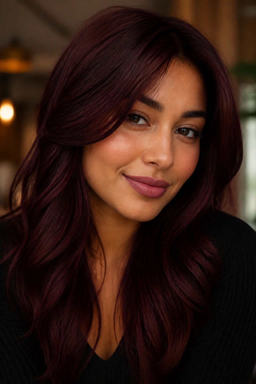 Close-up portrait of a real person with mulled wine burgundy hair under warm light