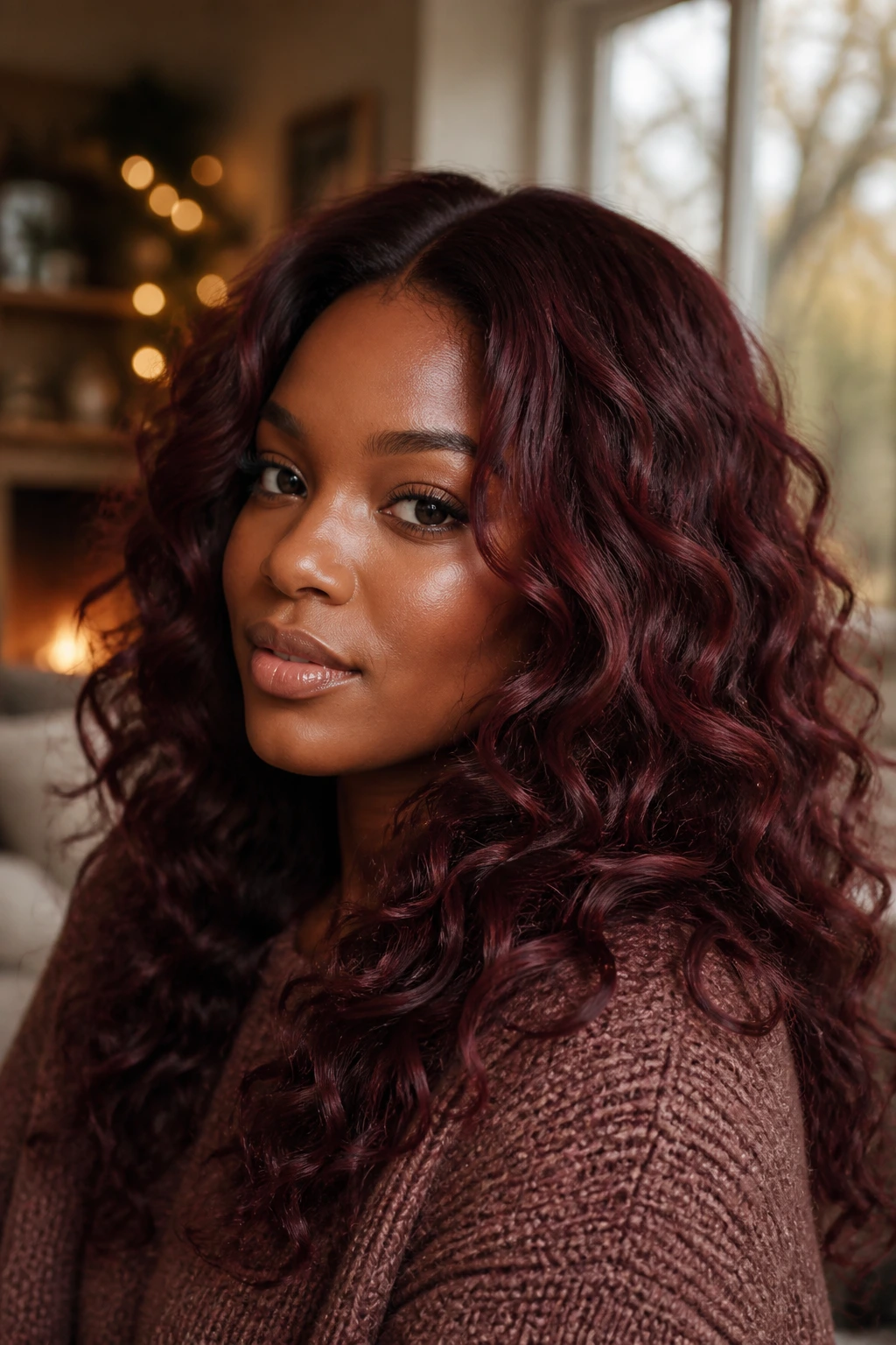 Close-up portrait of a woman with mulled wine hair color and loose curls.