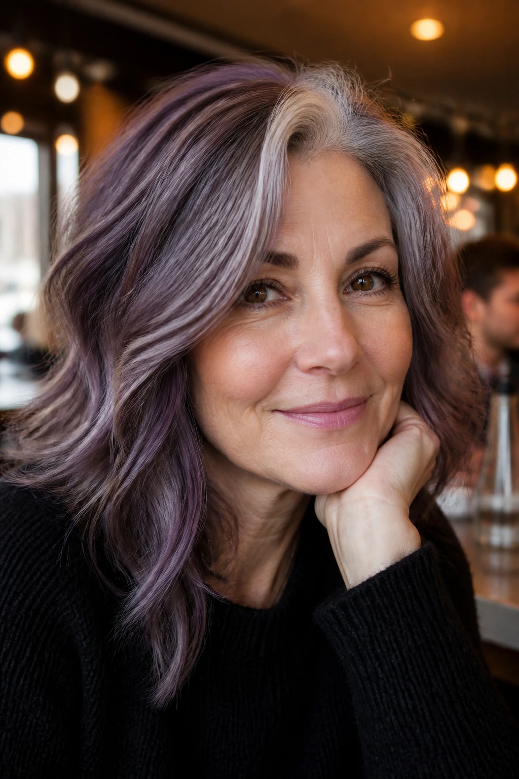 Portrait of woman with mulled wine grey hair