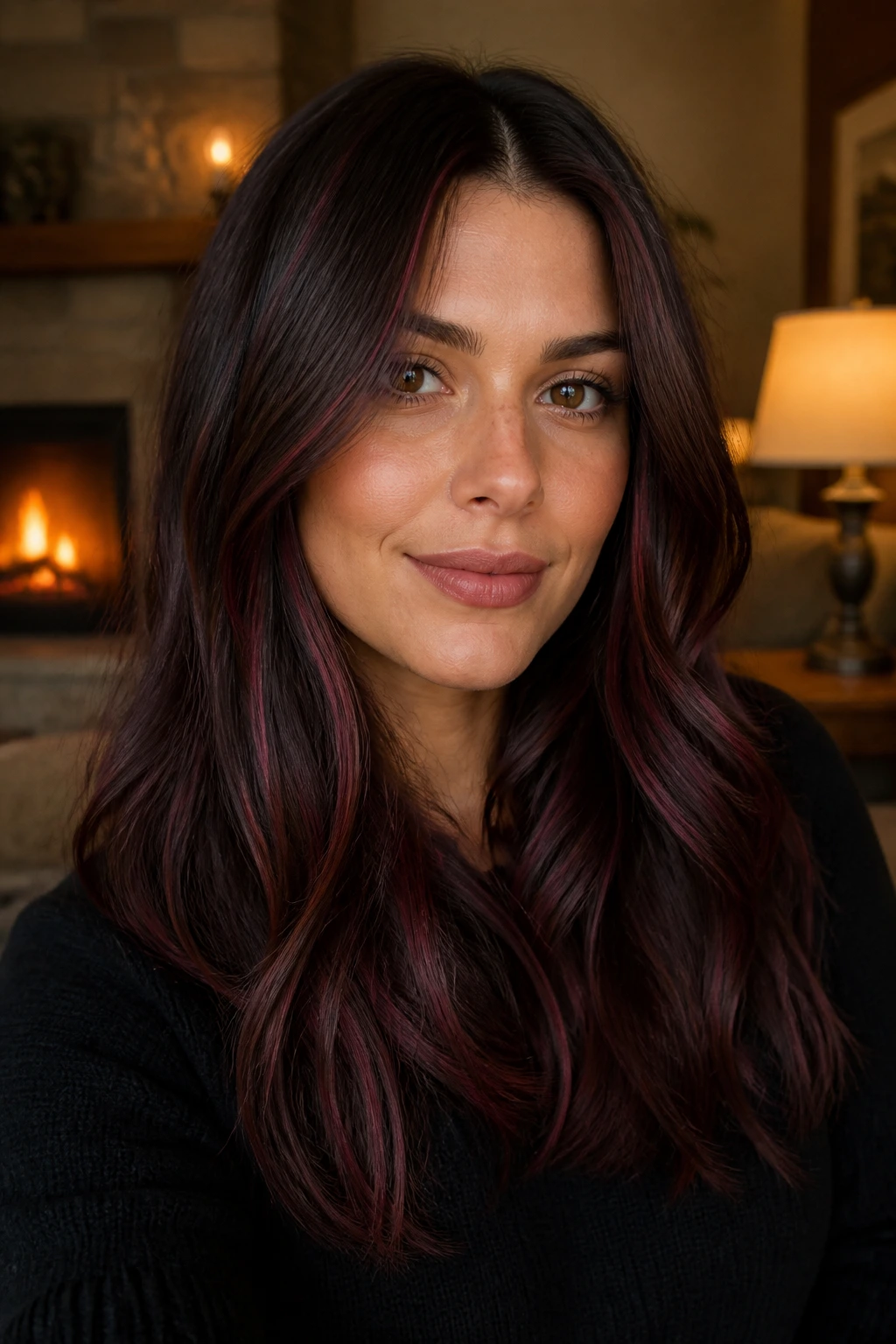 Close-up of a real woman with mulled wine highlights in dark brown hair, glossy finish.