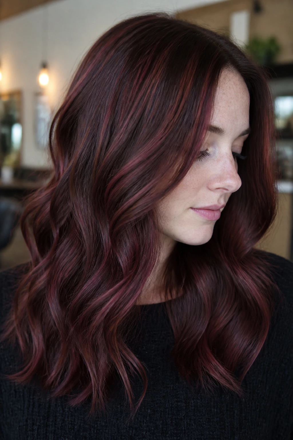 Close-up of a real woman with mulled wine ribbon highlights in wavy hair