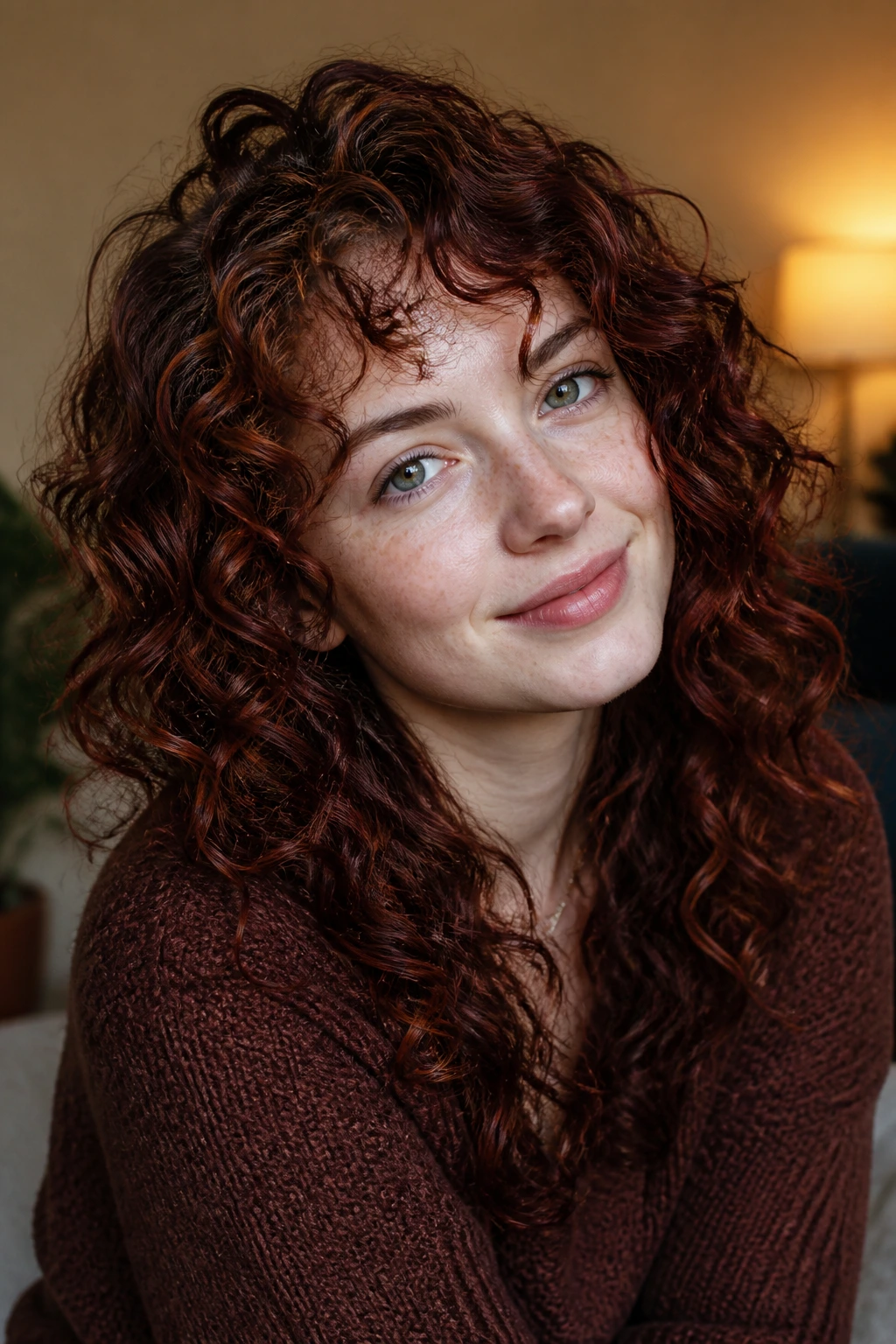 Close-up of mulled wine auburn lowlights in curly hair on a real person