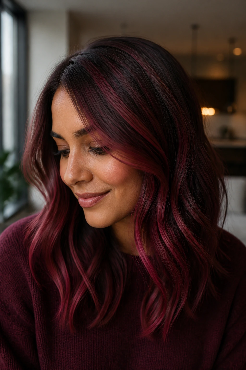 Portrait of a woman with deep mulled wine pink dimension hair