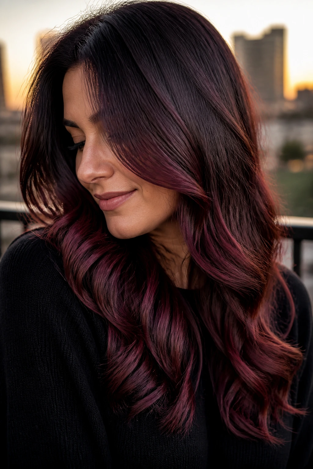 Close-up of a real person with mulled wine red balayage on dark brunette hair