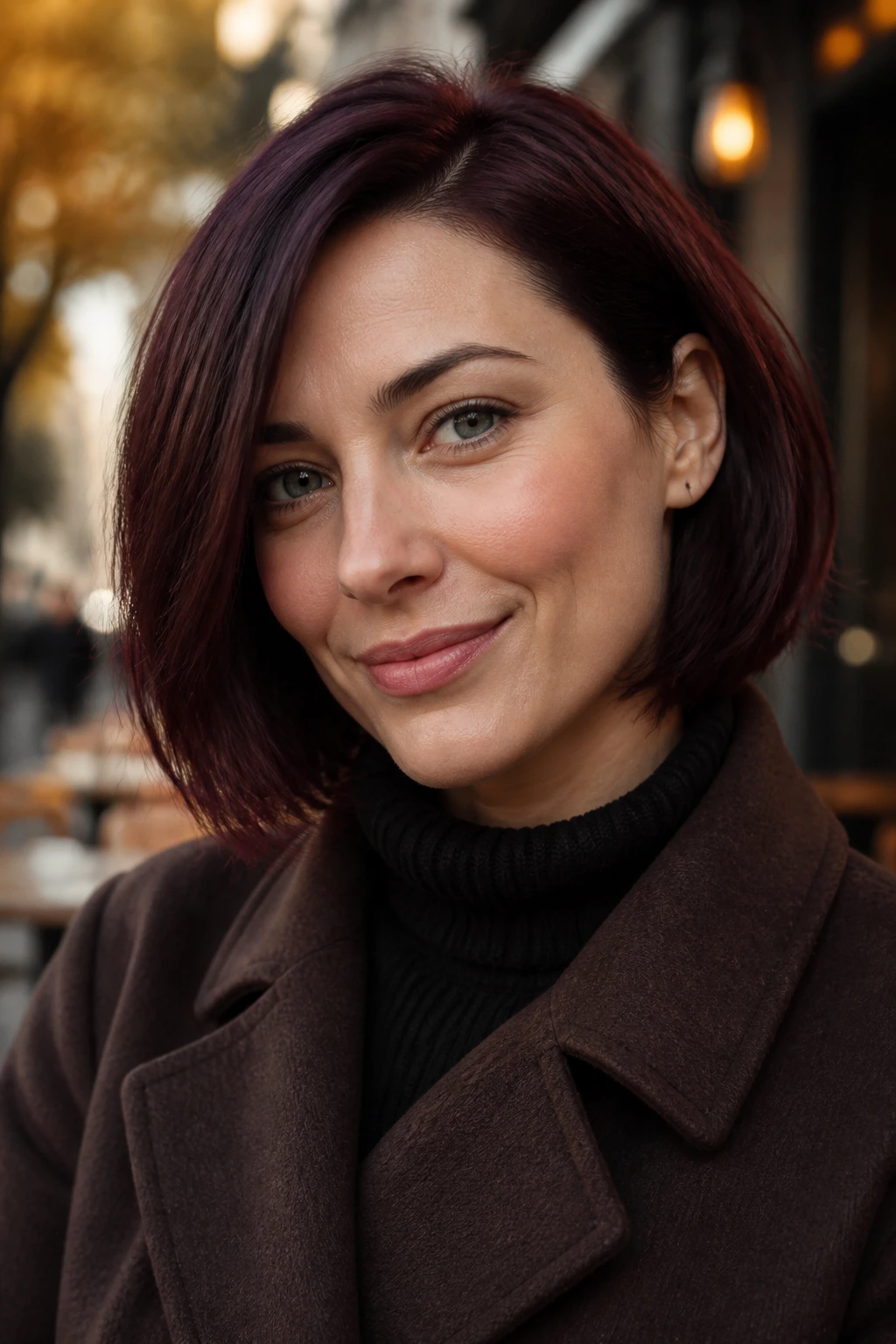Close-up of real woman with mulled wine side-part bob