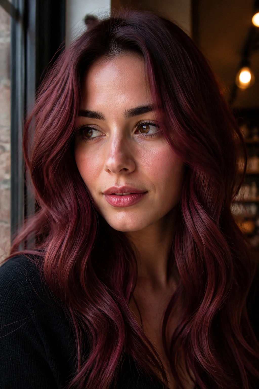 Close-up brunette portrait showcasing mulled wine strawberry blend hair in warm indoor light