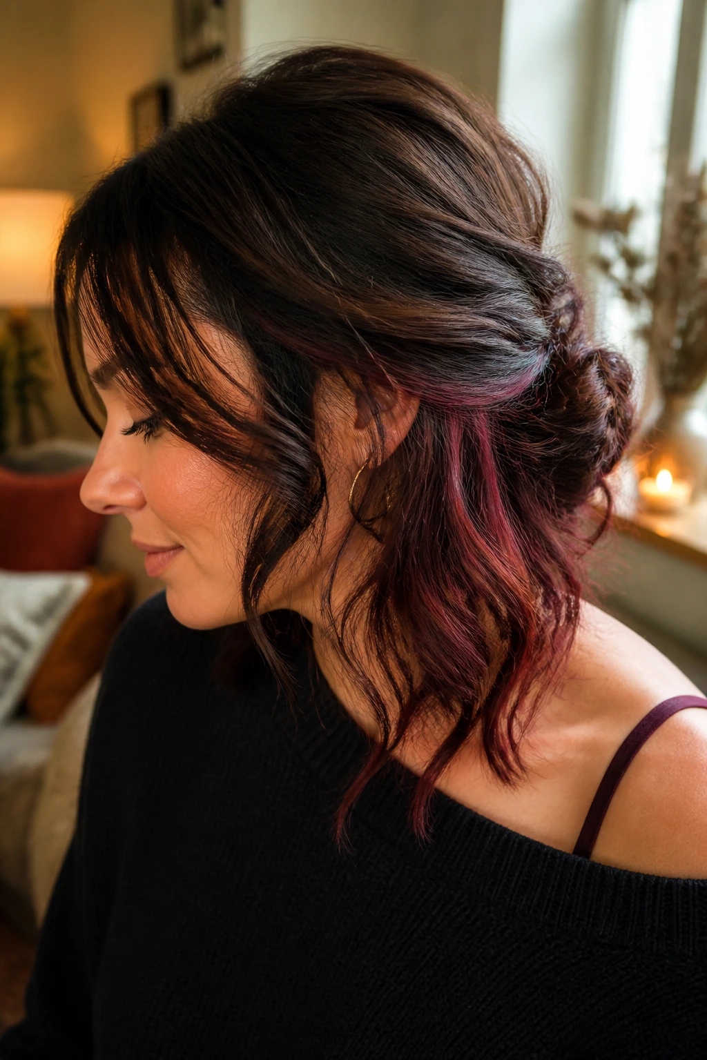 Close-up portrait of brunette with mulled wine underlights