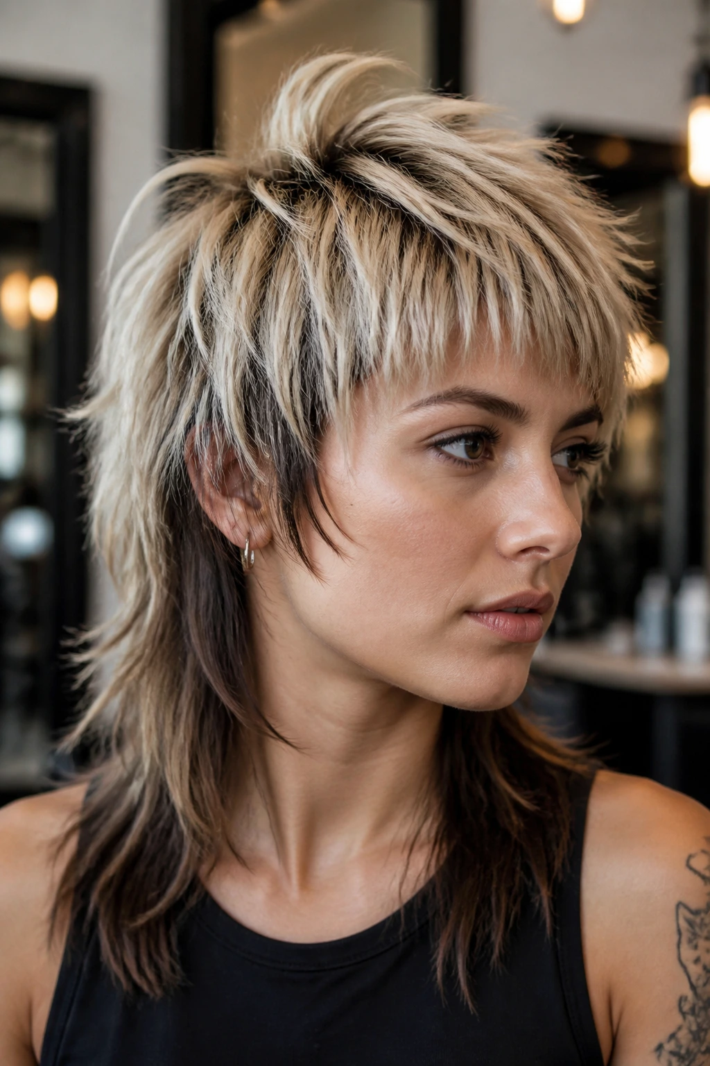 Close-up portrait of a real person with a modern mullet featuring cream blonde top and dark lowlights.