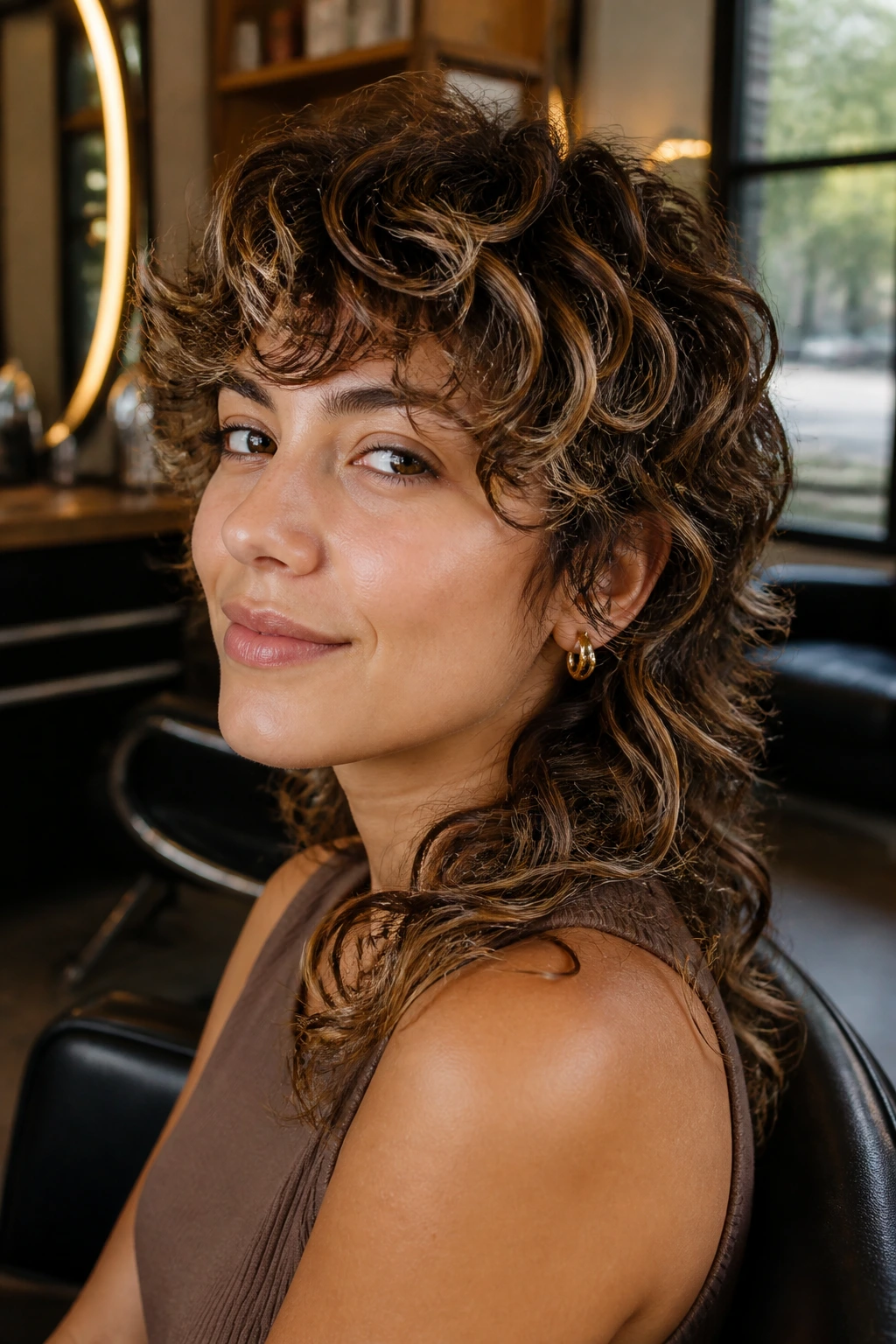 Close-up portrait of a real woman with a soft mullet and dimensional babylights