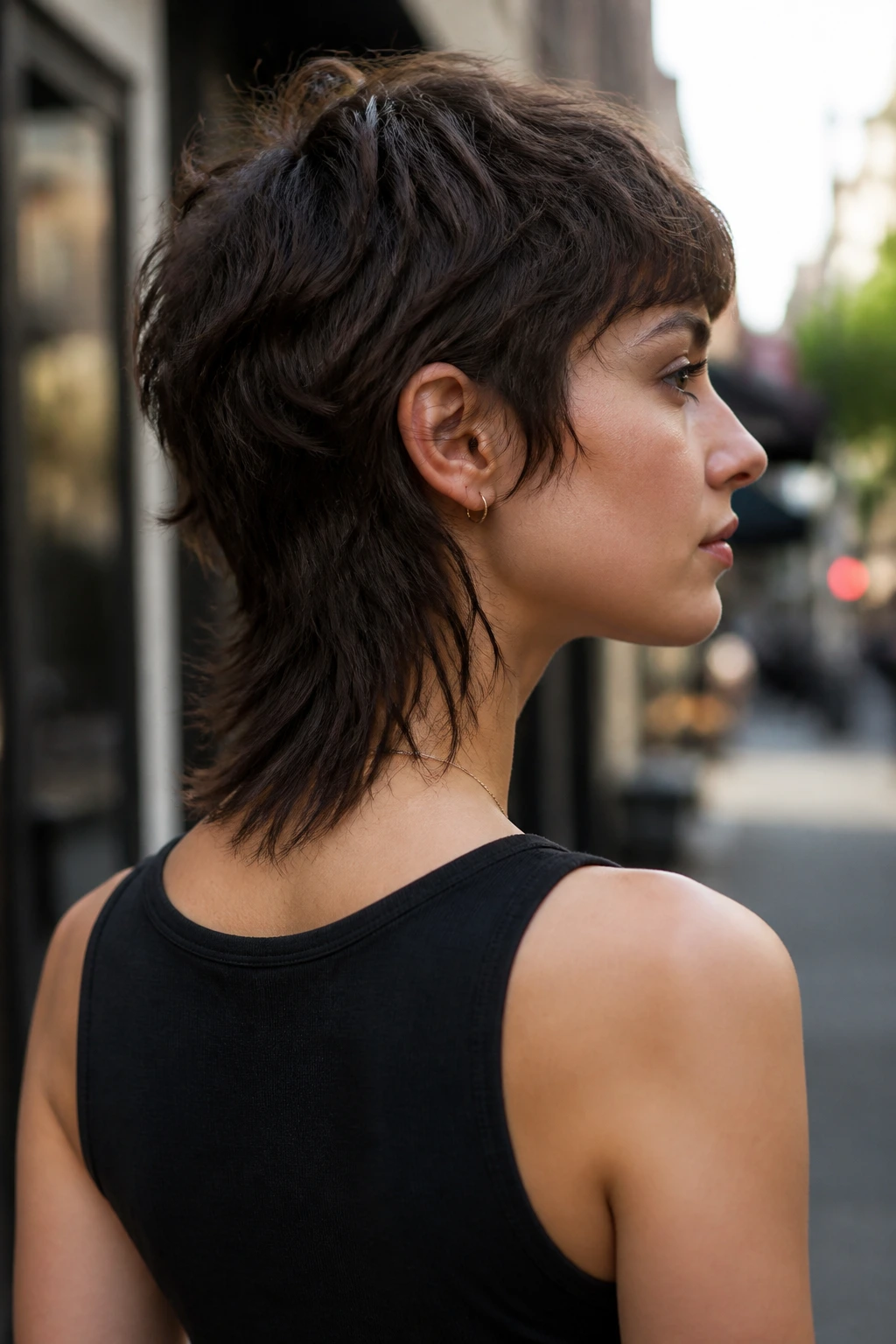 Side-profile portrait of mullet-edge shag with tapered neckline