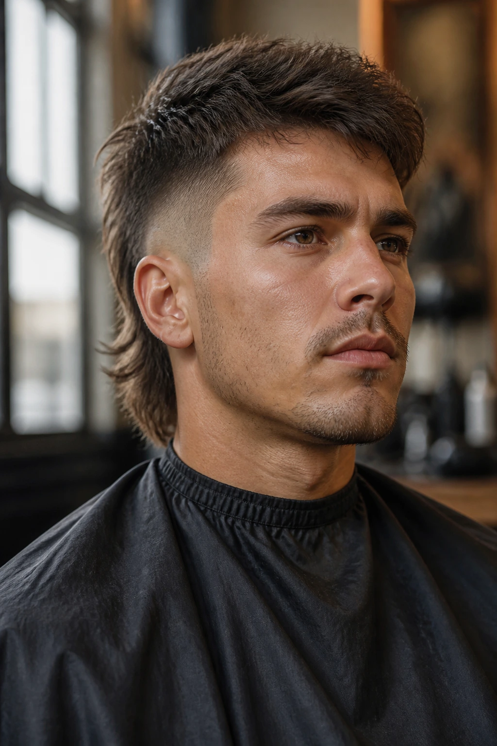 Close-up portrait of a person with a modern mullet in a barbershop