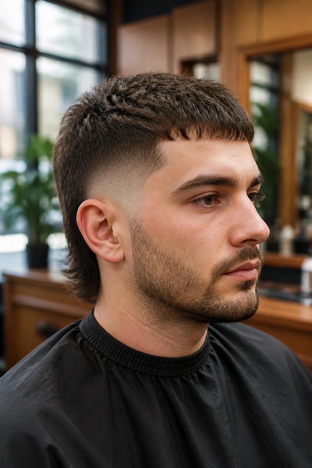 Close-up of a man with a minimalist short fade mullet in a barbershop