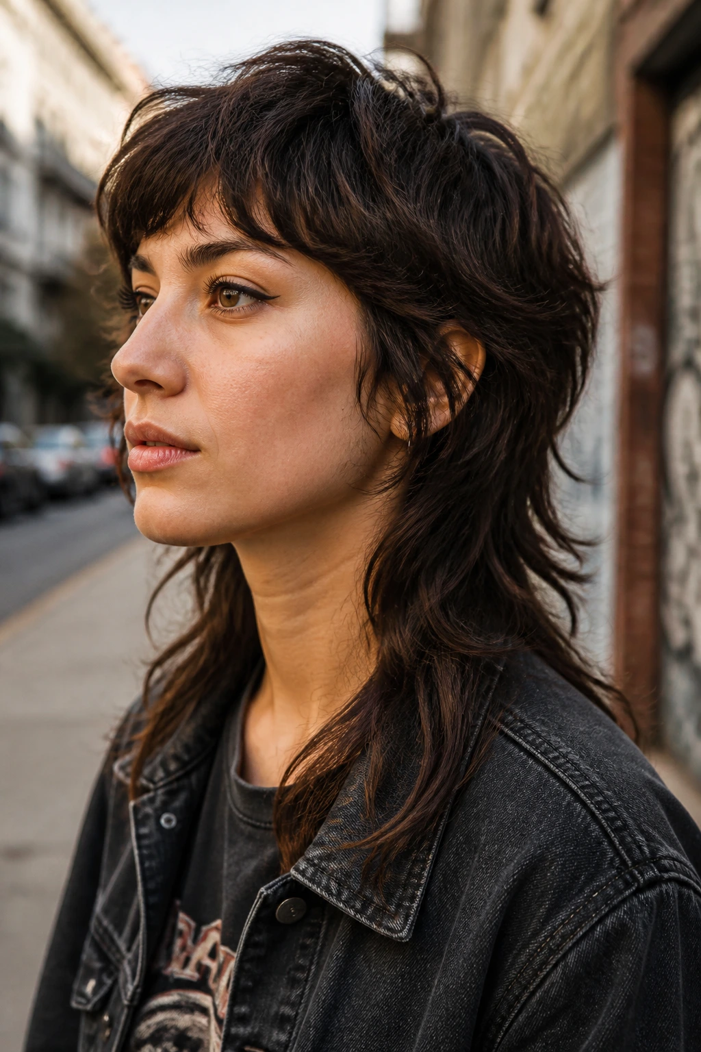 Portrait of a woman with grown-out mullet and soft edges in daylight