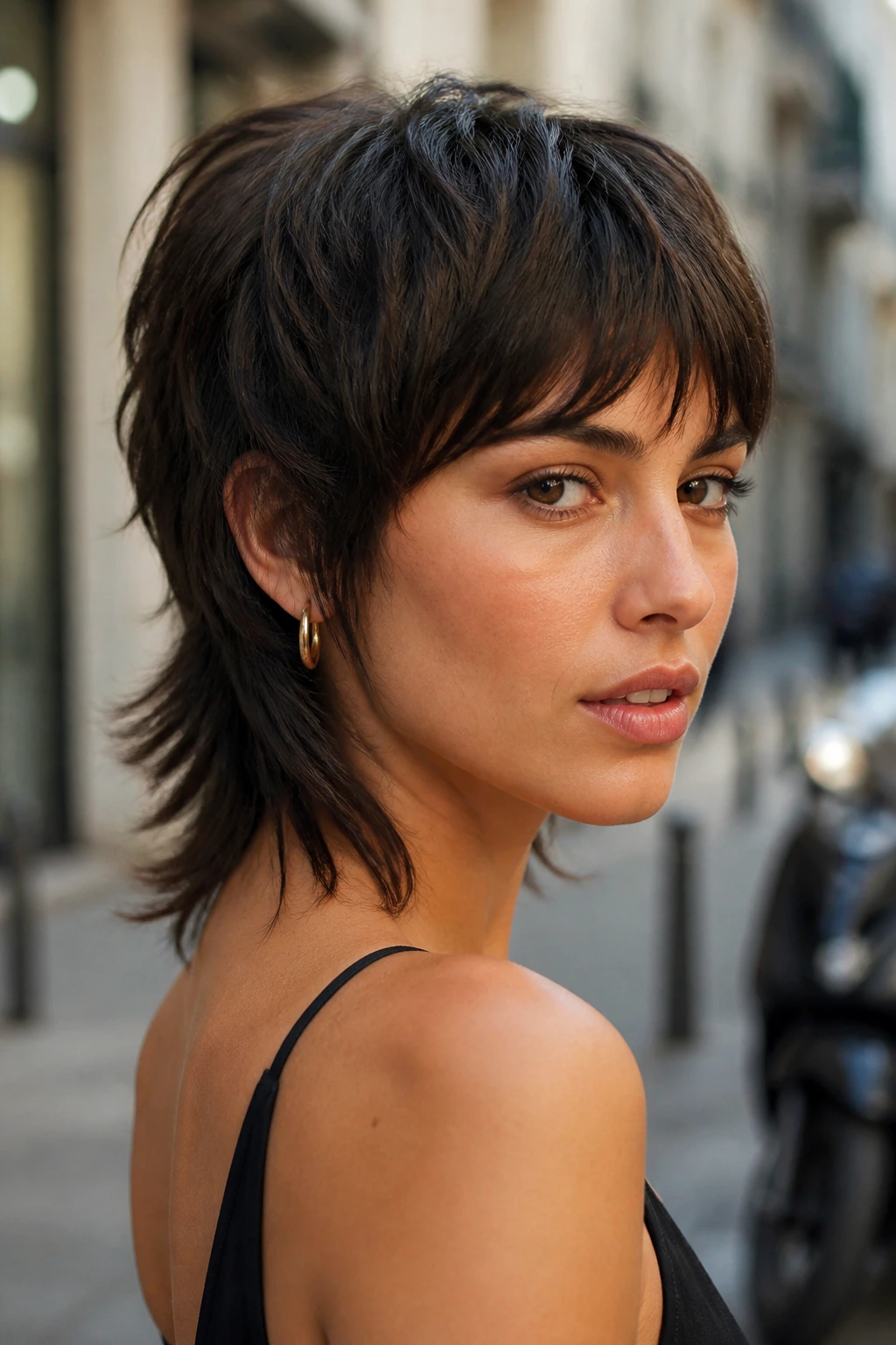 Close-up portrait of a real woman with mullet-inspired bob showing longer back and lifted crown