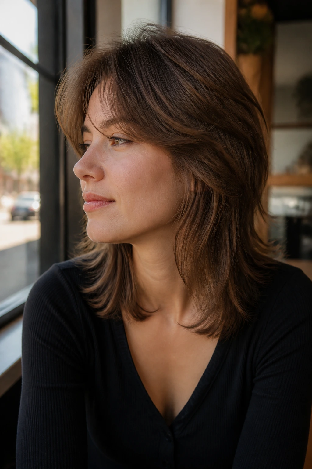 Portrait of real woman with subtle mullet-inspired layers on shoulder-length hair in cafe setting