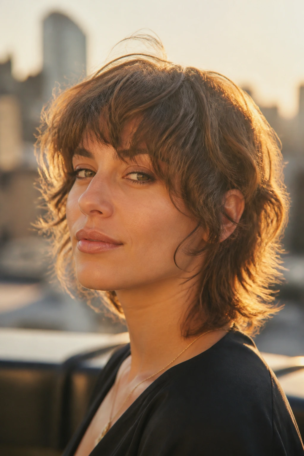 Close-up of a real woman with a soft mullet-inspired shag at neck length.