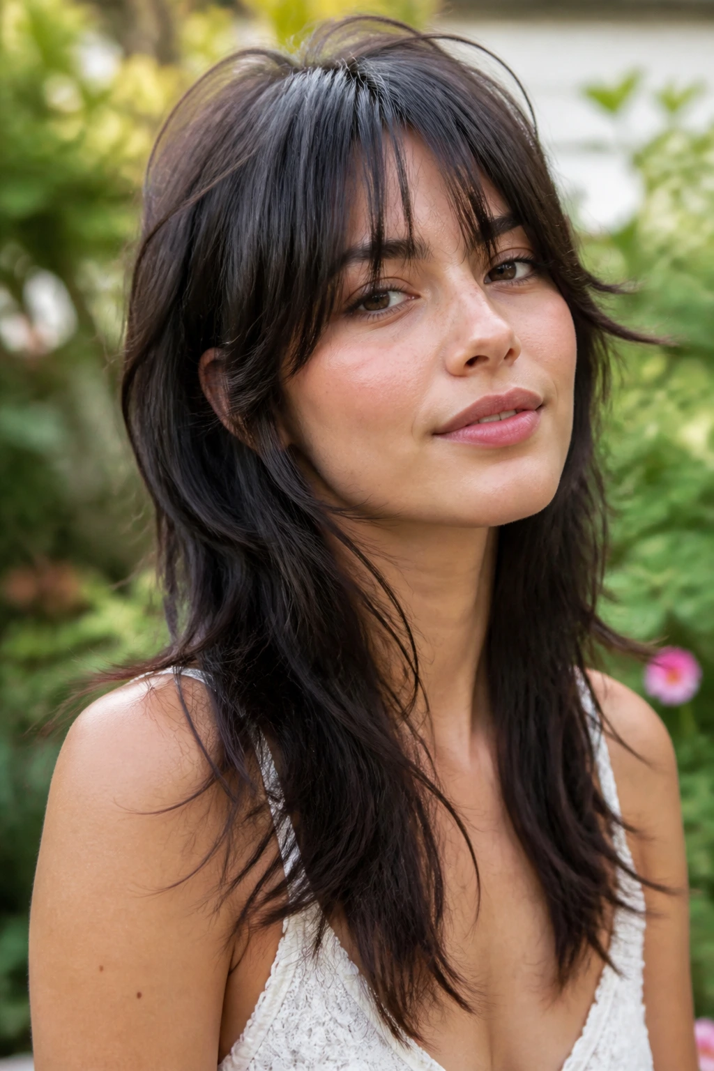 Close-up portrait of a real woman with mullet-inspired layers and airy fringe