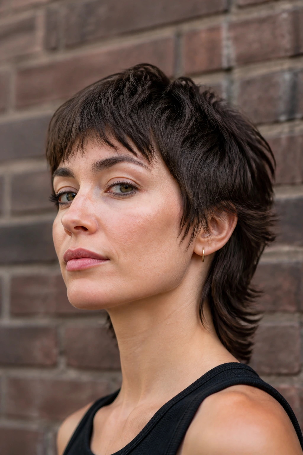 Real person with modern mullet-lite shag hairstyle, side profile