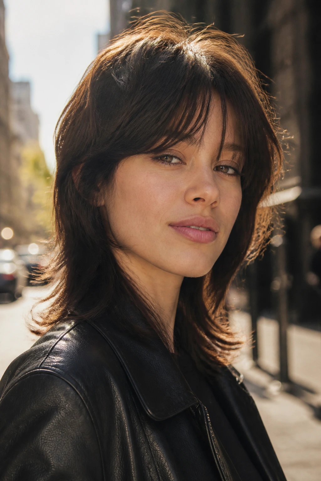 Close-up of a real woman with mullet-lite shag and curtain fringe on a sunlit street