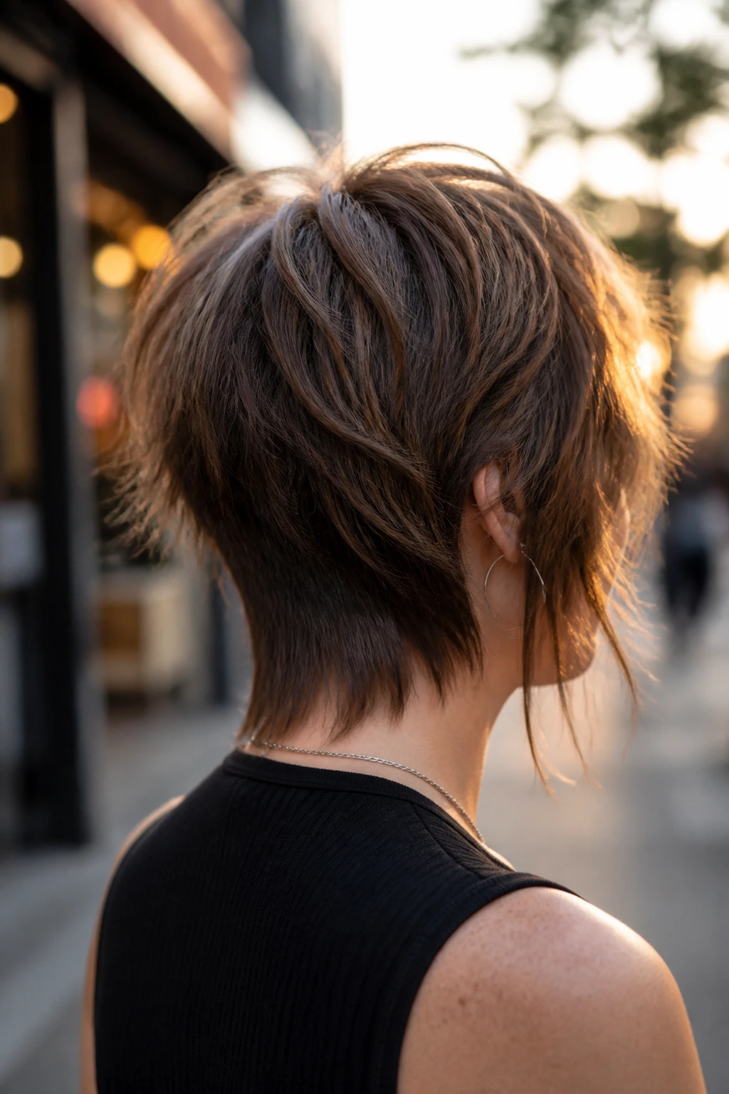 Three-quarter rear view of real person with tapered nape mullet-lite shag