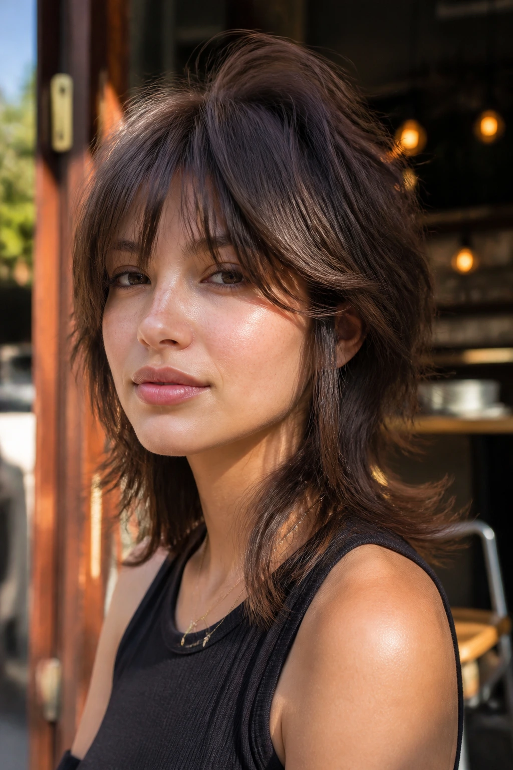 Close-up portrait of a real person with a mullet-lite wolf cut