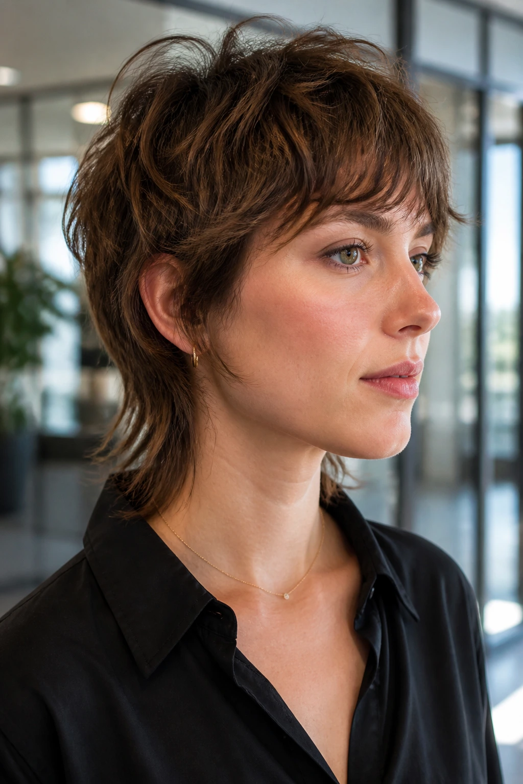Close-up of a woman with a soft mullet shag, short crown and tapered back in daylight.