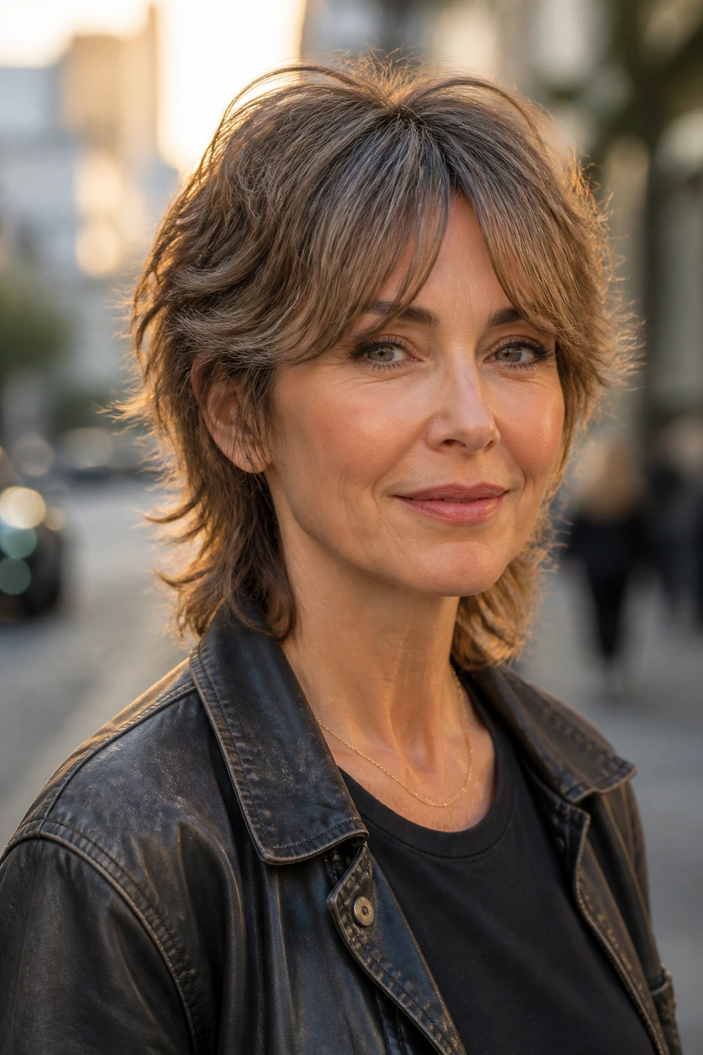 Close-up of a woman with a soft mullet shag and gentle curtain bangs