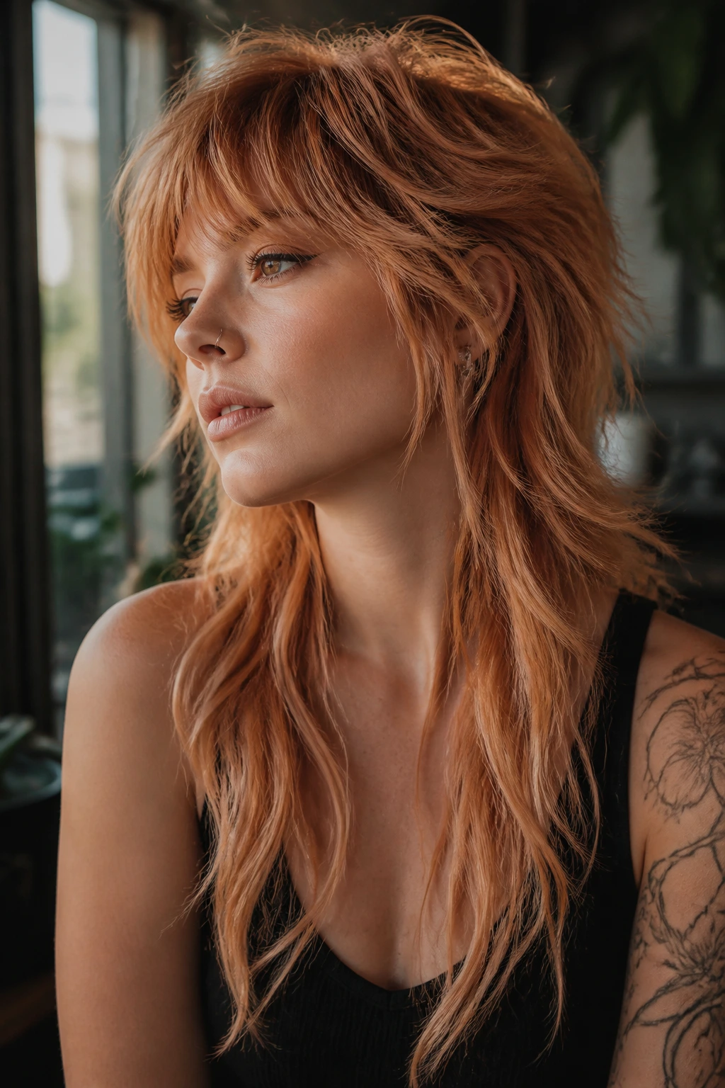 Portrait of a real woman with mullet shag and long back length in strawberry blonde tones.