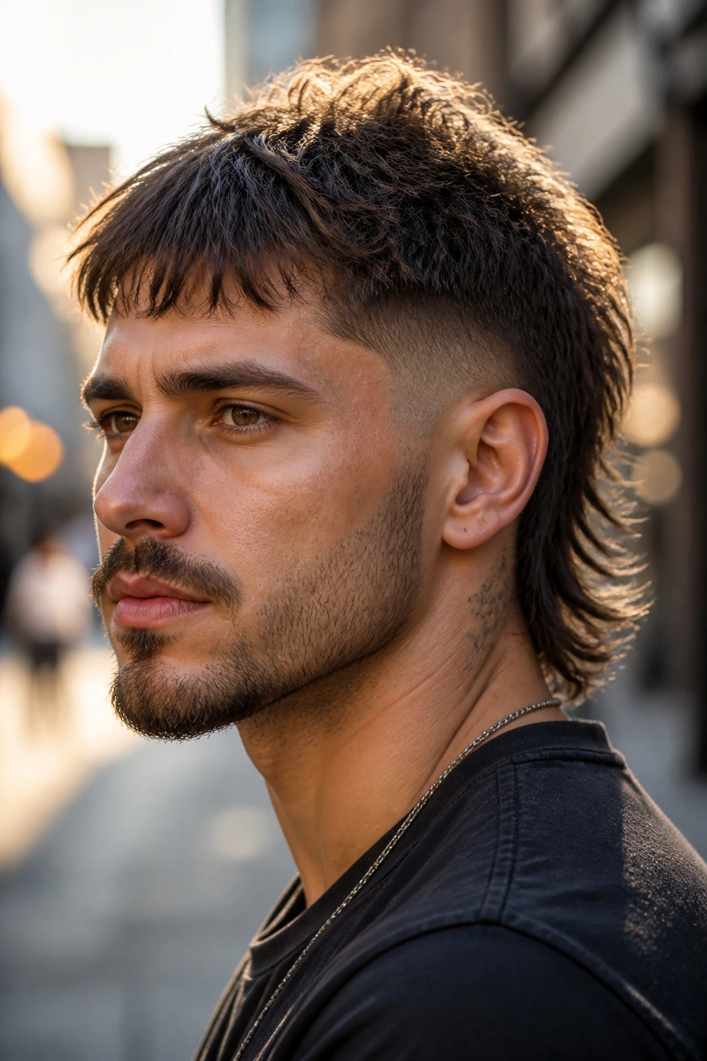 Close-up portrait of a real man with a mullet showing four texture variations on top, urban background