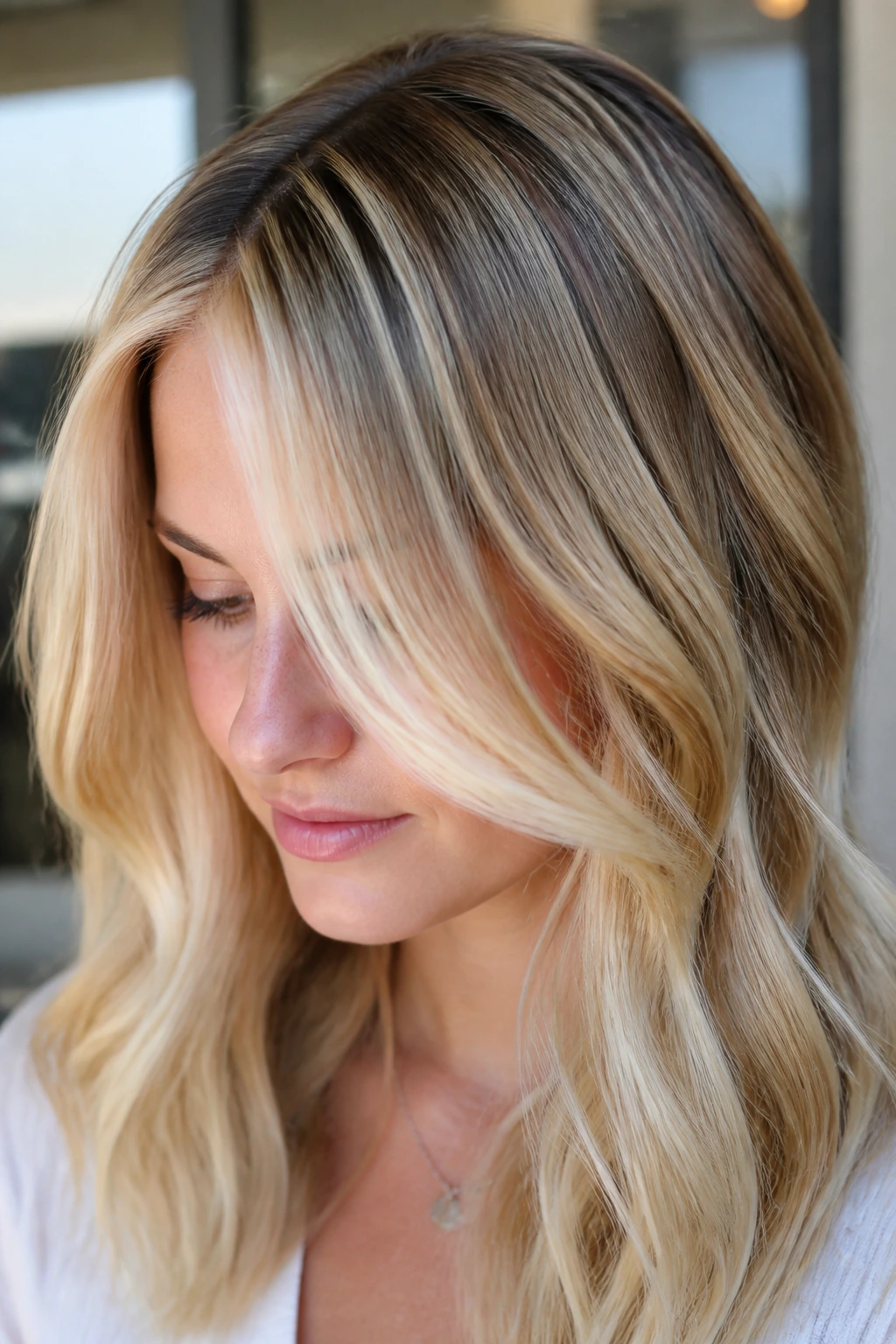 Close-up of hair with multi-tonal blonde highlights and lowlights around the face.