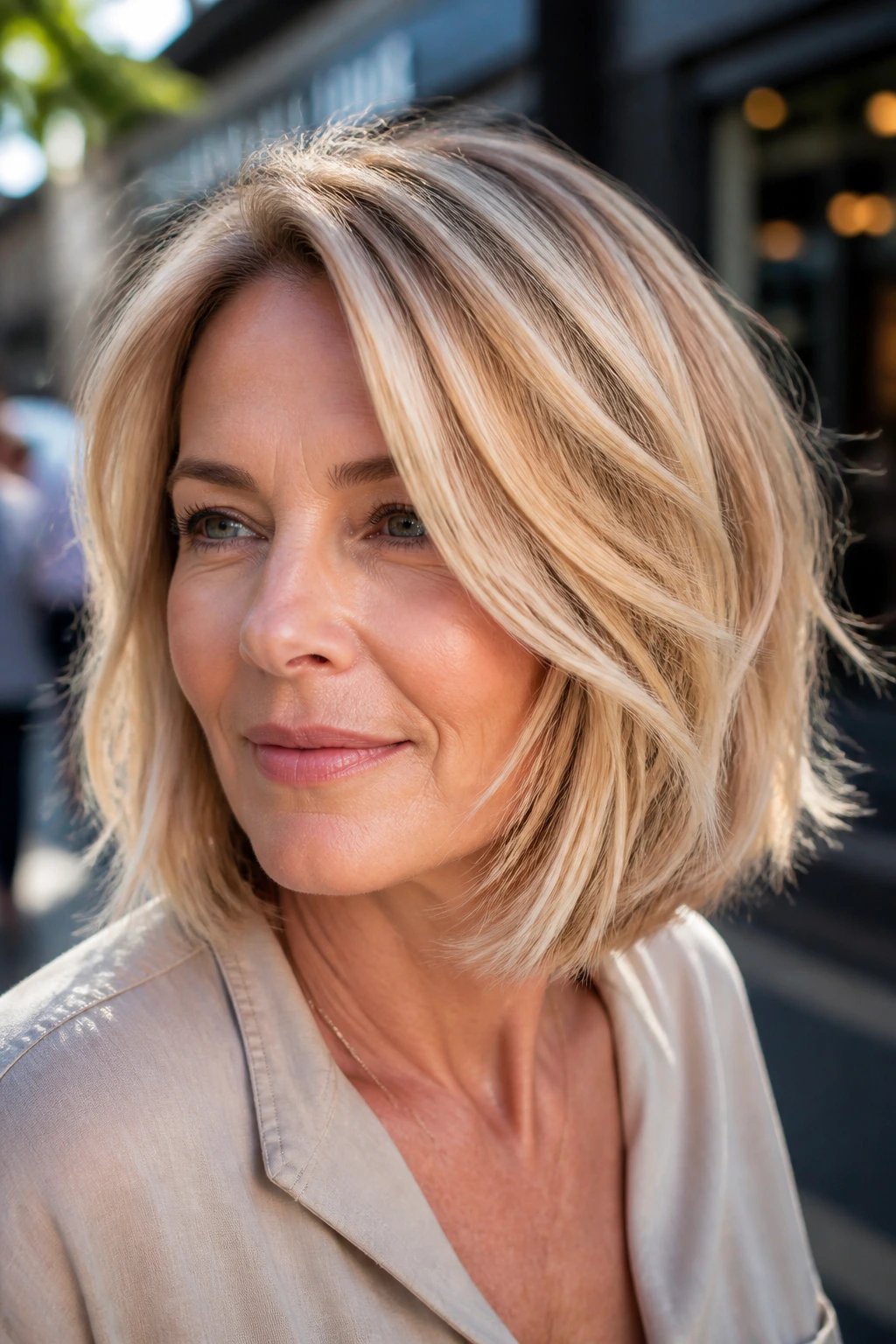 Real woman with multi-tonal blonde mid bob and airy ends in bright outdoor light.