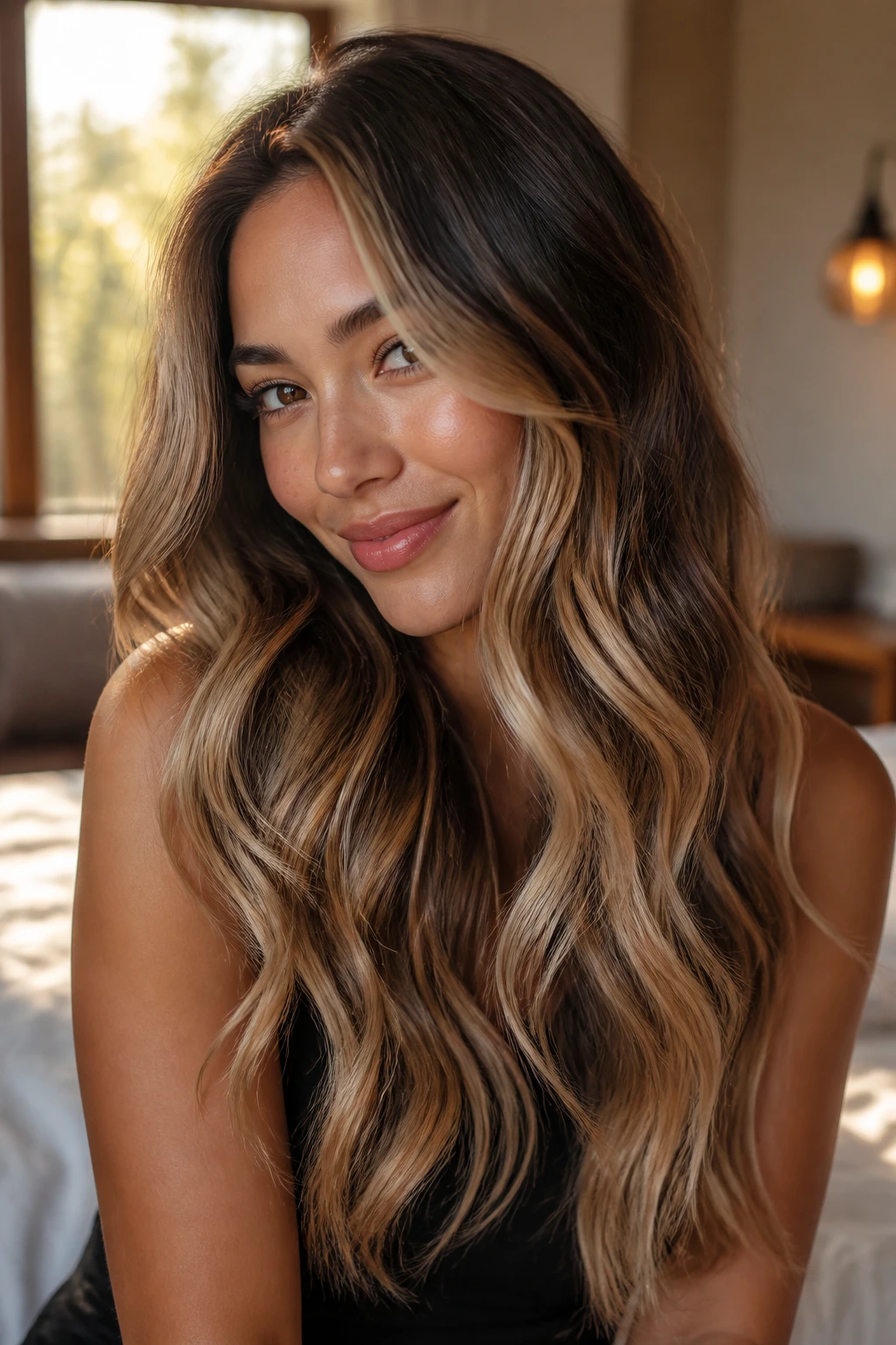 Close-up of a real woman's hair with multi-tonal blonde ribbons in waves on dark hair