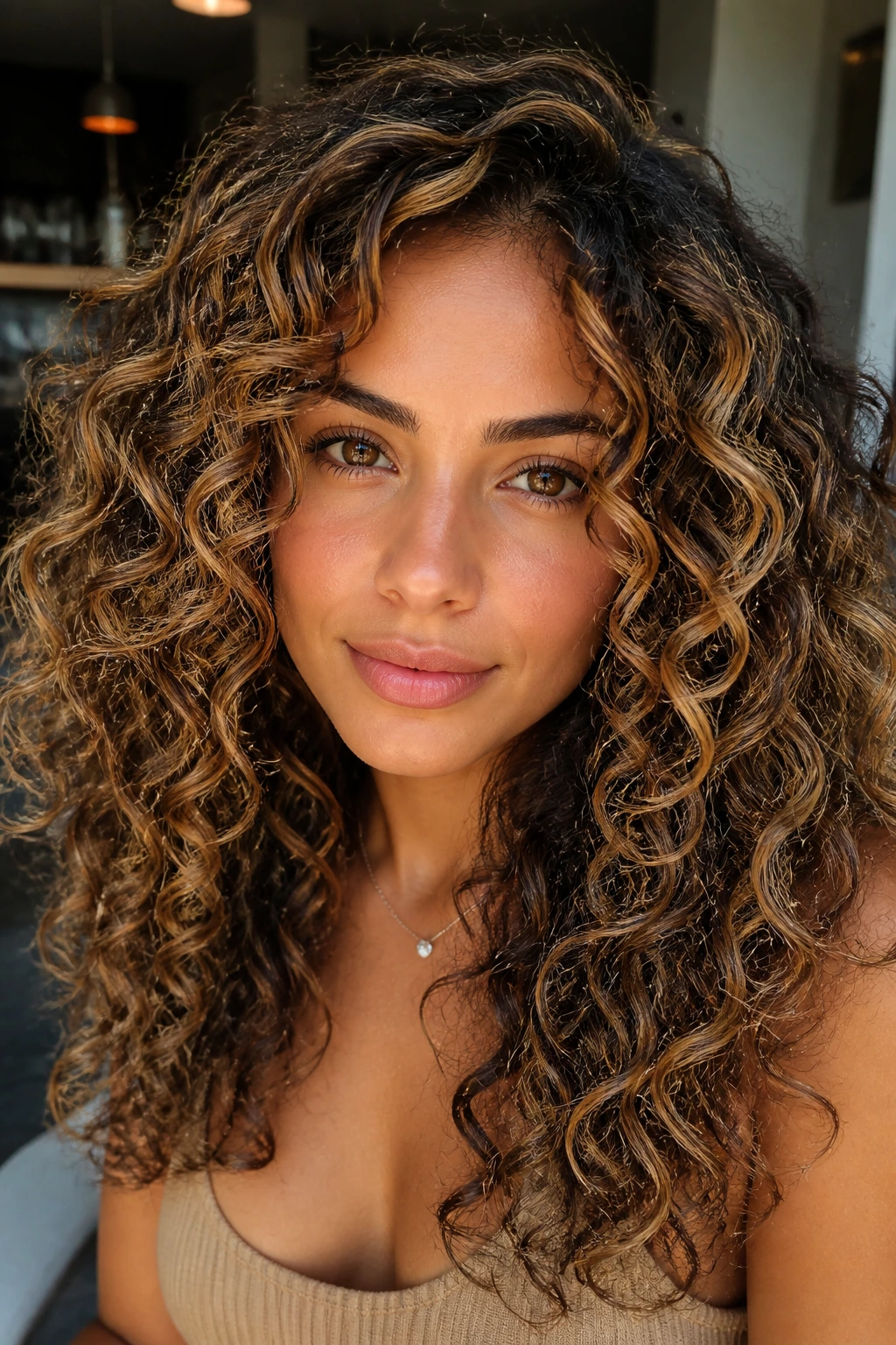 Portrait of a person with multi-tonal caramel shades in curly hair.