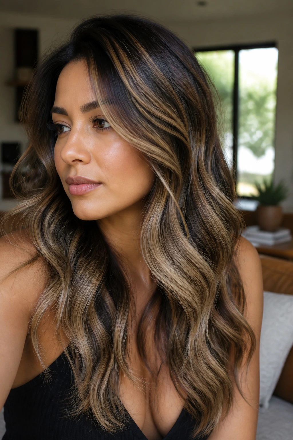 Portrait of dark wavy hair with multi-tone blonde highlights