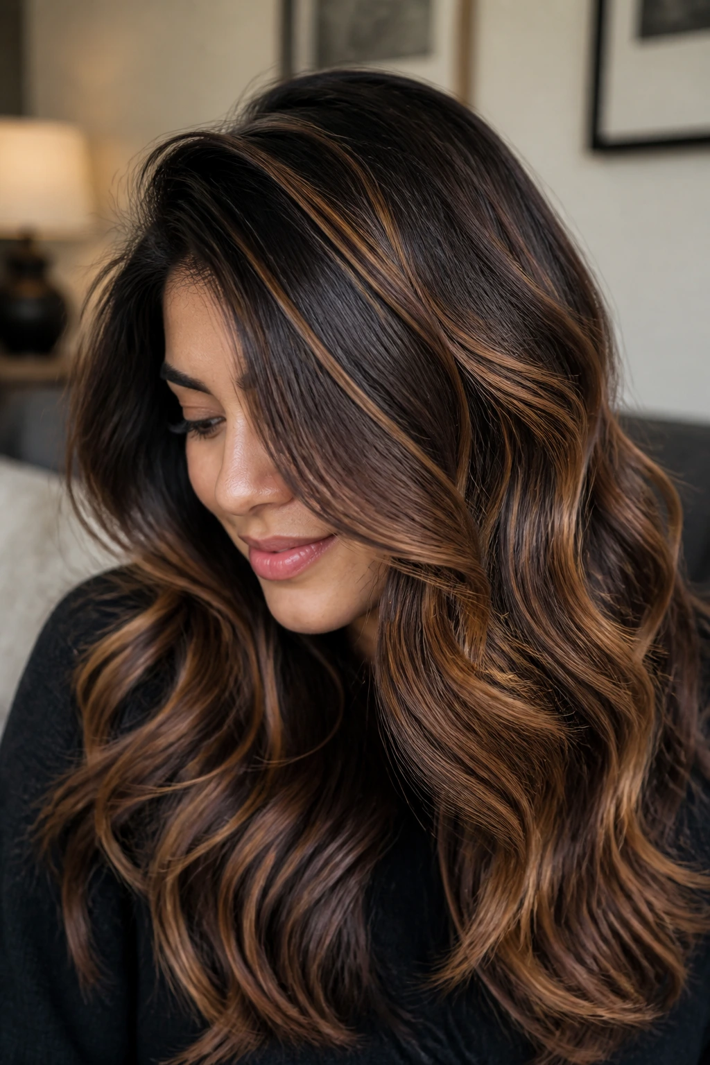 Close-up of thick dark hair with three warm tones woven through