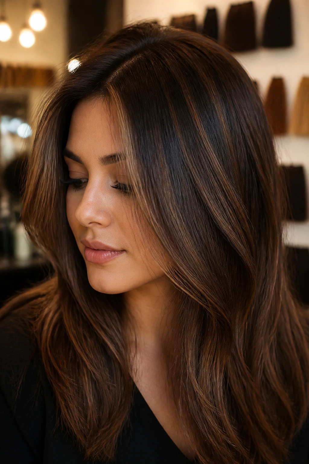 Close-up of multi-tonal brown hair with depth and shine on a real person