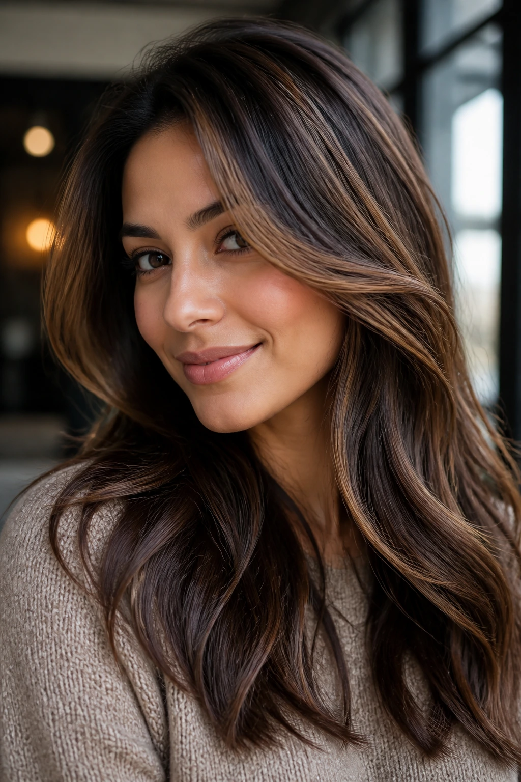 Close-up of multi-tone brunette hair showing chestnut, mushroom, and cocoa ribbons on a real person.