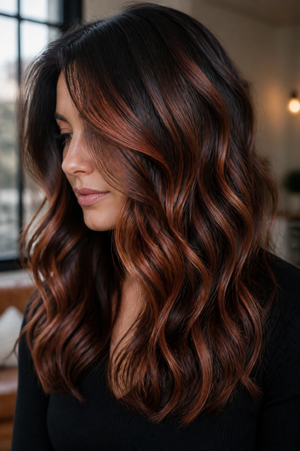 Close-up portrait of a real woman with multitone caramel red foilage in dark hair under soft indoor light
