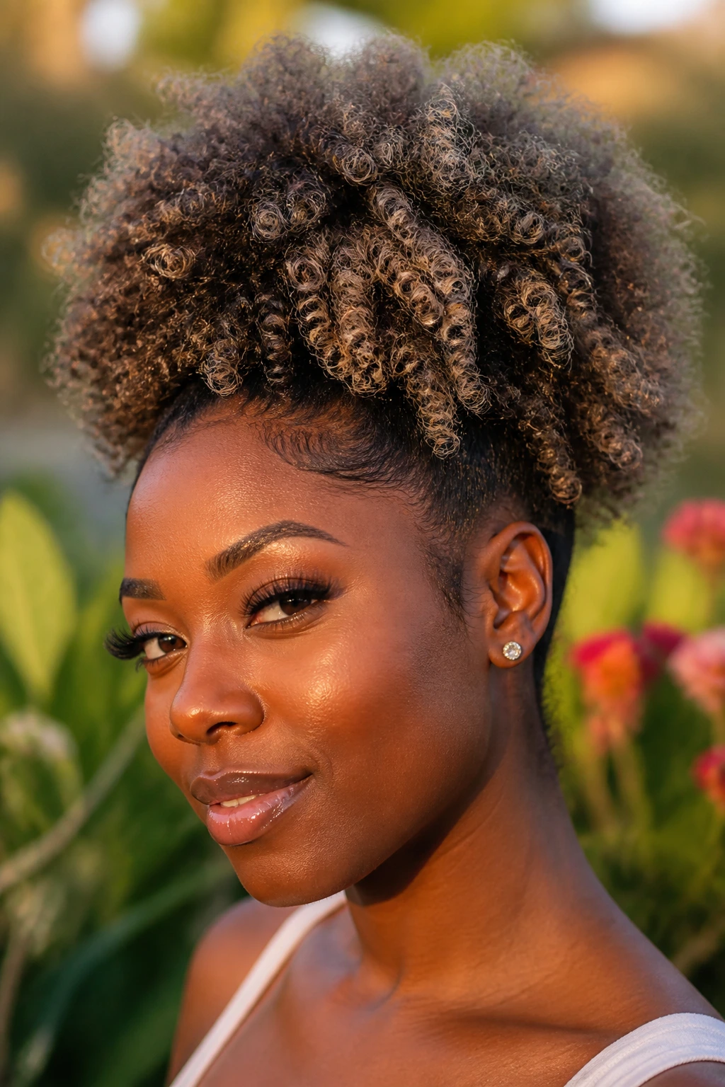 Close-up of a real woman with mushroom ash halo on an Afro Puff outdoors.
