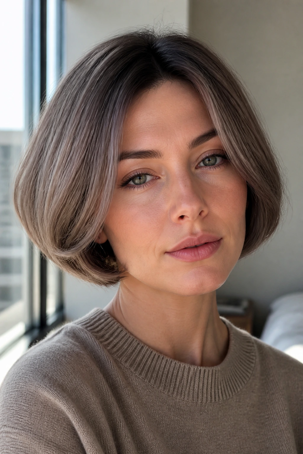 Real woman with rounded mushroom ash bob and shadowed roots