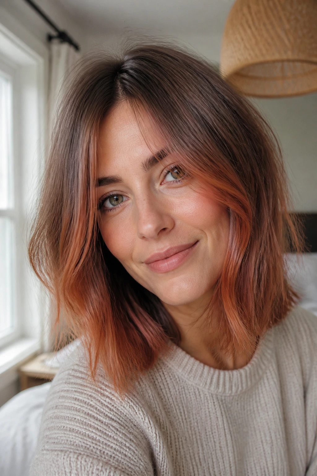 Portrait of a real woman with mushroom auburn lob under natural window light