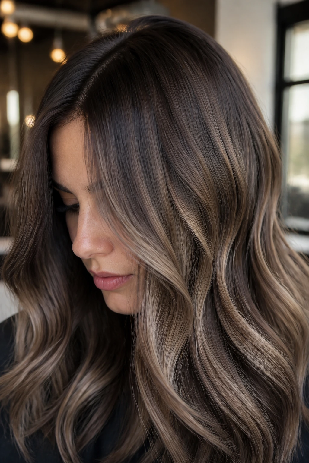 Close-up portrait of a real woman with mushroom brown balayage and muted caramel veils in cool undertones