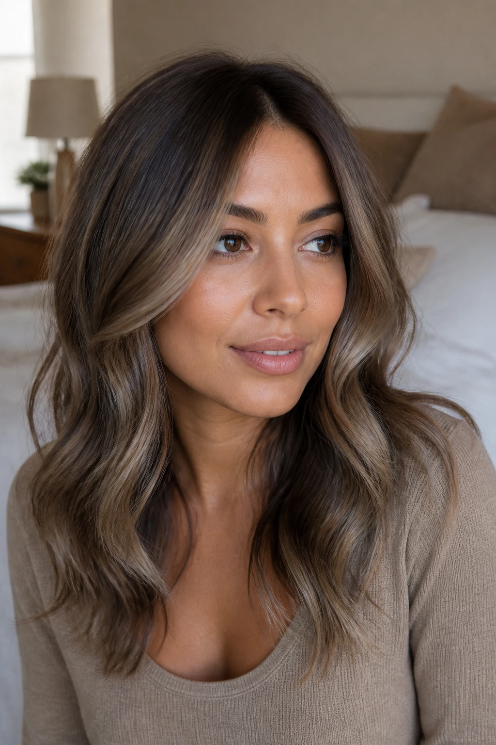Close-up portrait of a real woman with mushroom brown balayage on neutral tan skin