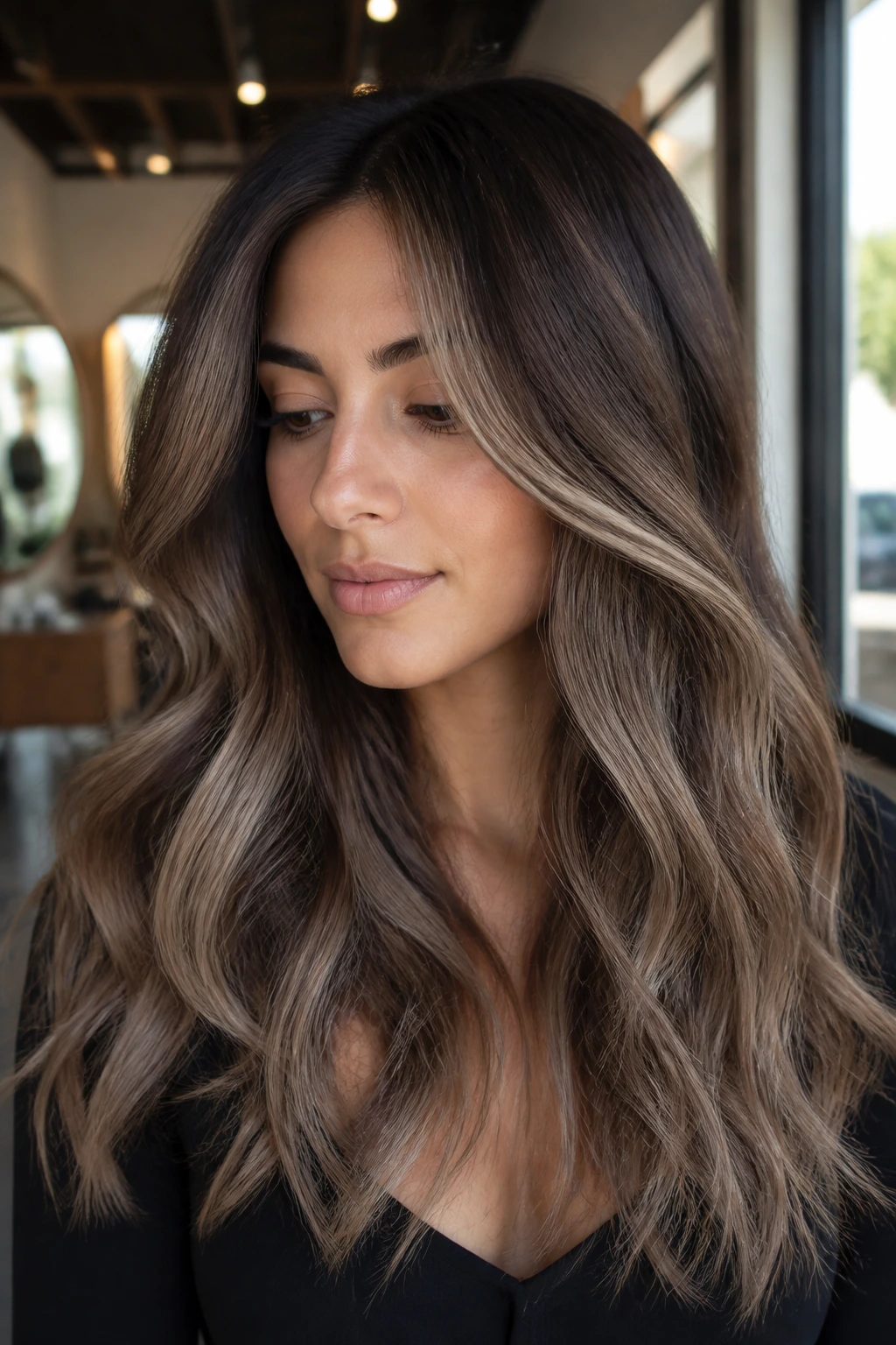 Close-up of a real woman with mushroom brown balayage on thick hair