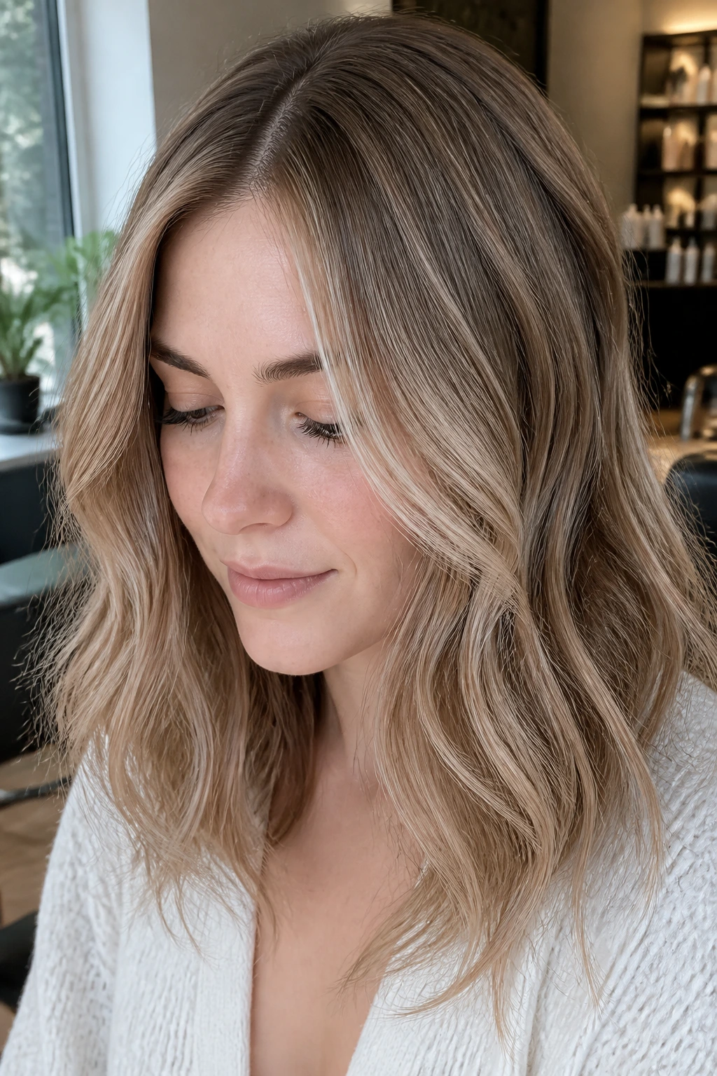 Close-up of a real person with mushroom beige ash variations in brown-blonde hair.