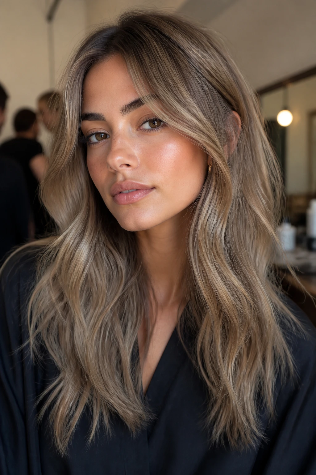 Portrait featuring mushroom beige ash hair with soft contrast