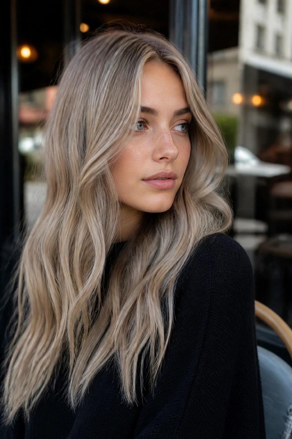 Woman with mushroom beige blonde hair in soft daylight