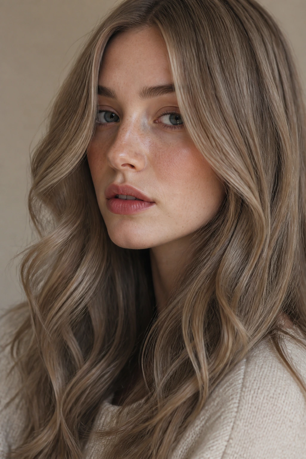 Close-up portrait of a person with mushroom beige dark blonde hair and pale skin.