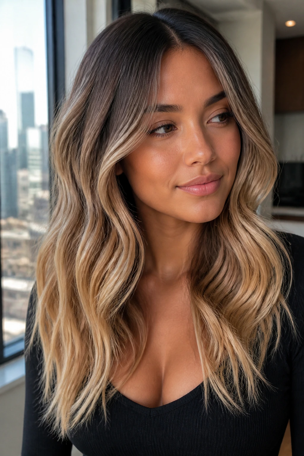 Close-up portrait of a real woman with mushroom beige base and honey ends in hair