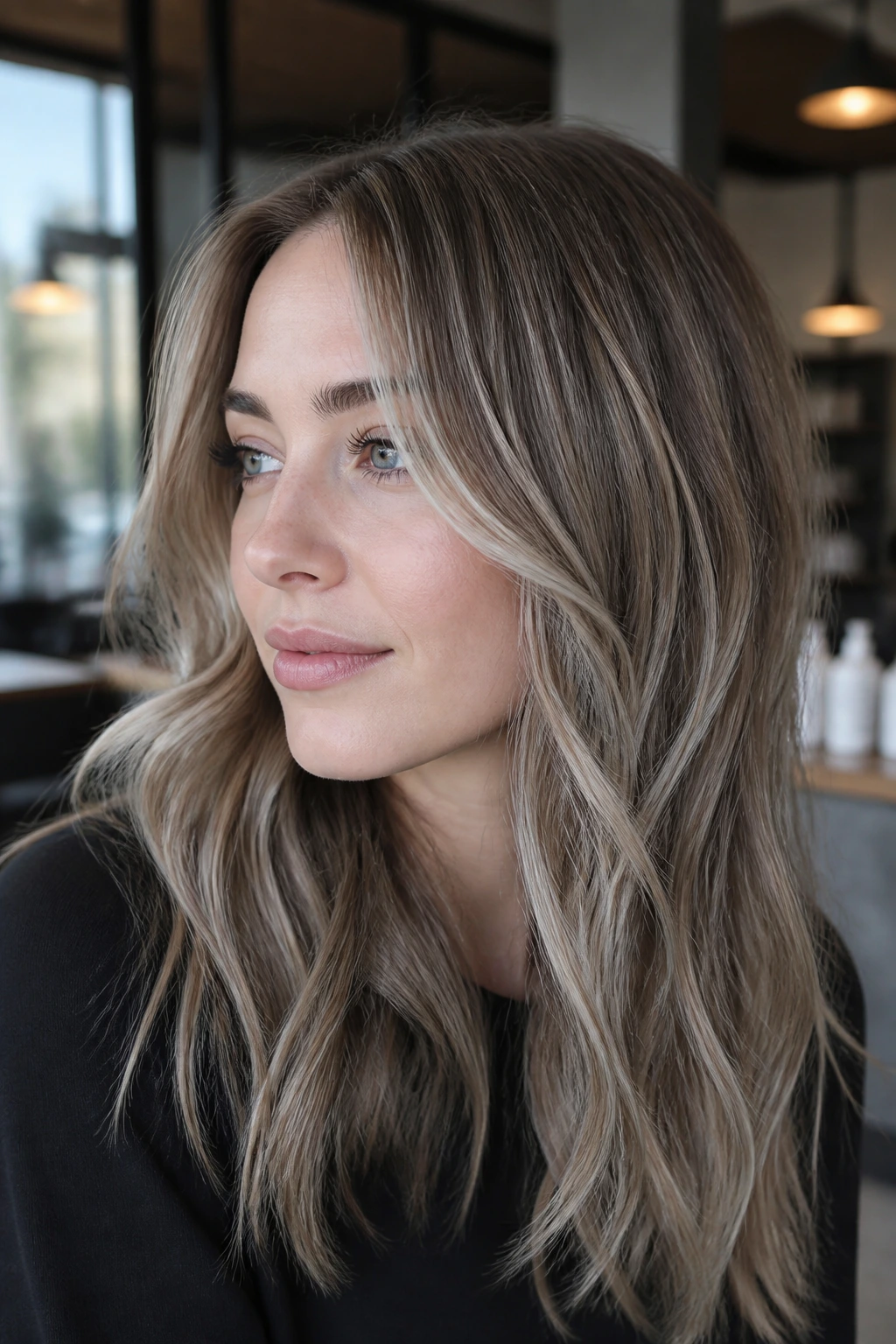 Portrait of pale-skinned person with mushroom beige ribbon balayage front